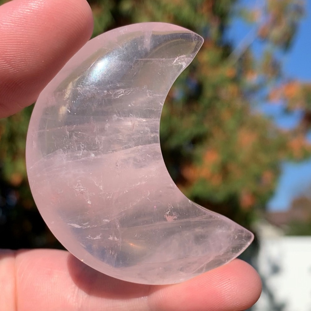 Rose Quartz Gemmy Polished Moon Carving Healing Reiki Crystal Pocket Stone Rock
